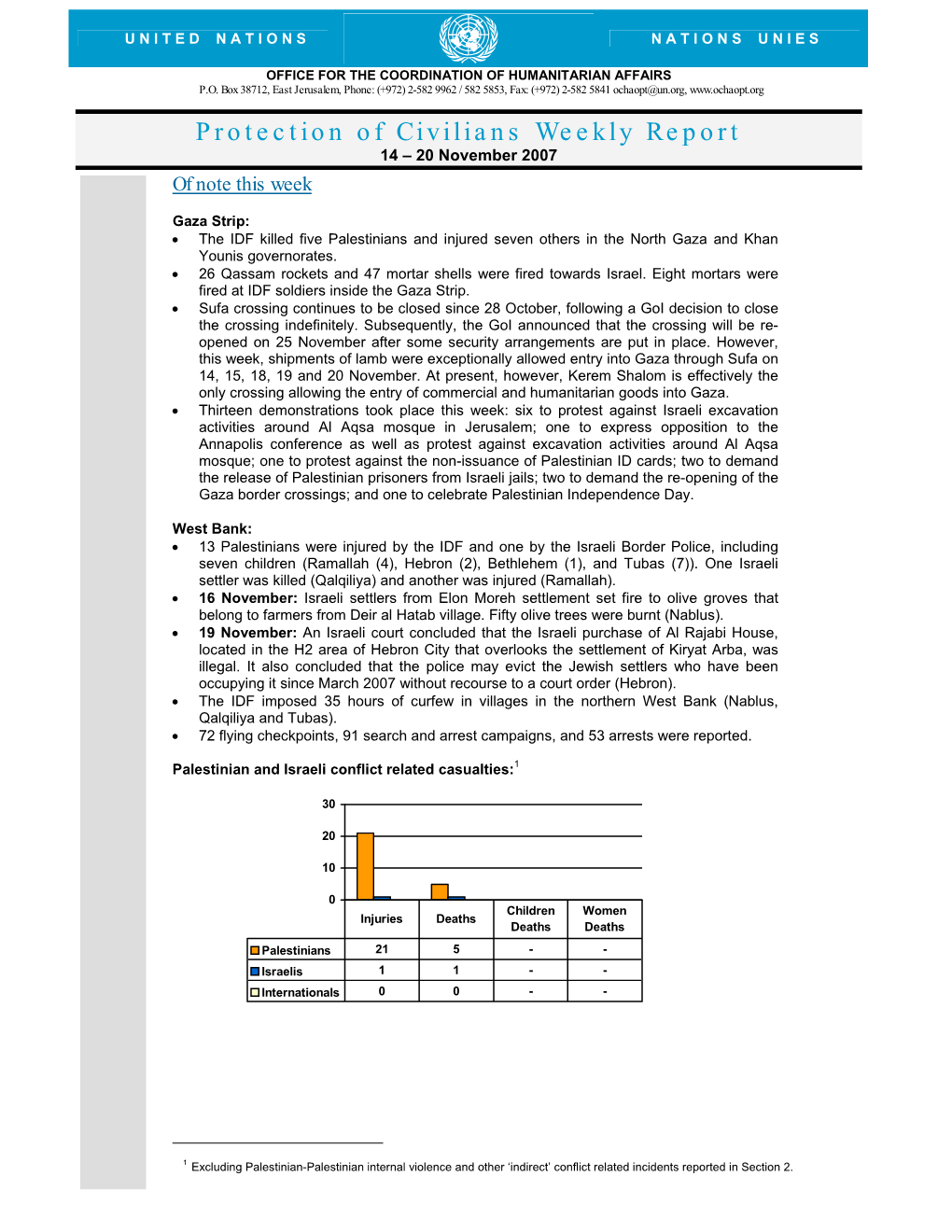 Protection of Civilians Weekly Report 14 – 20 November 2007 of Note This Week
