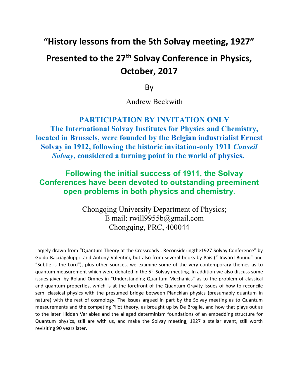 Presented to the 27Th Solvay Conference in Physics, October, 2017 by Andrew Beckwith