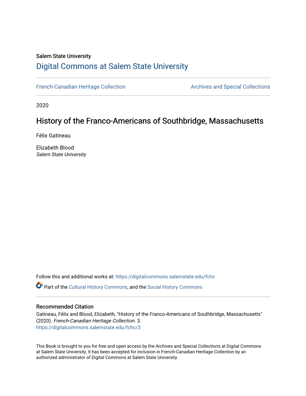 History of the Franco-Americans of Southbridge, Massachusetts