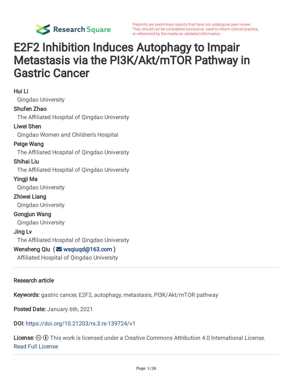 E2F2 Inhibition Induces Autophagy to Impair Metastasis Via the PI3K/Akt/Mtor Pathway in Gastric Cancer