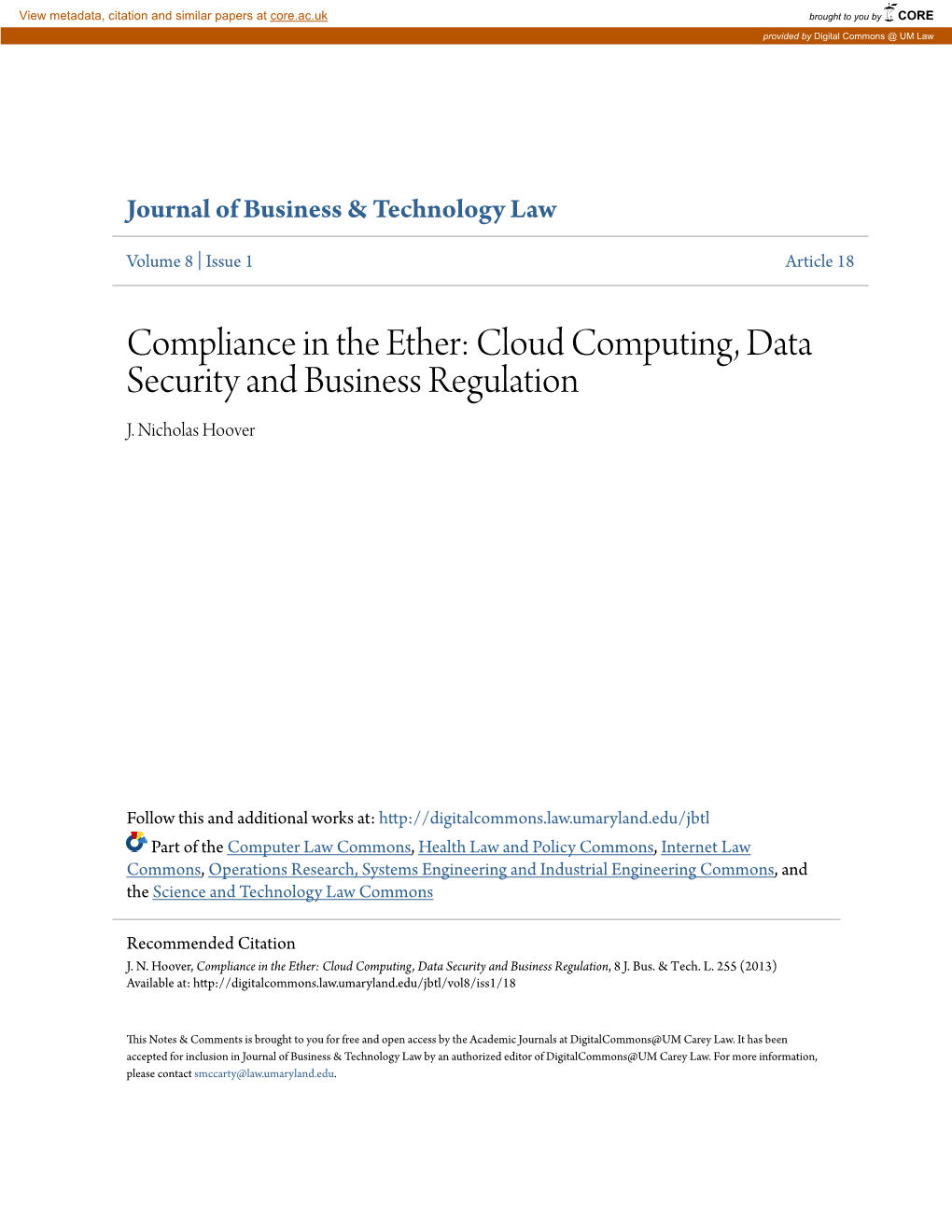 Compliance in the Ether: Cloud Computing, Data Security and Business Regulation J