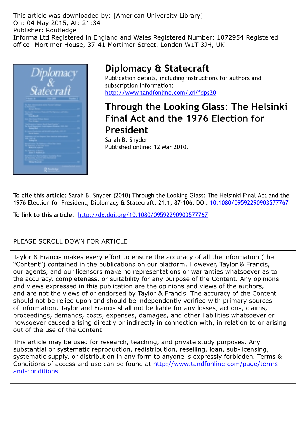 The Helsinki Final Act and the 1976 Election for President Sarah B