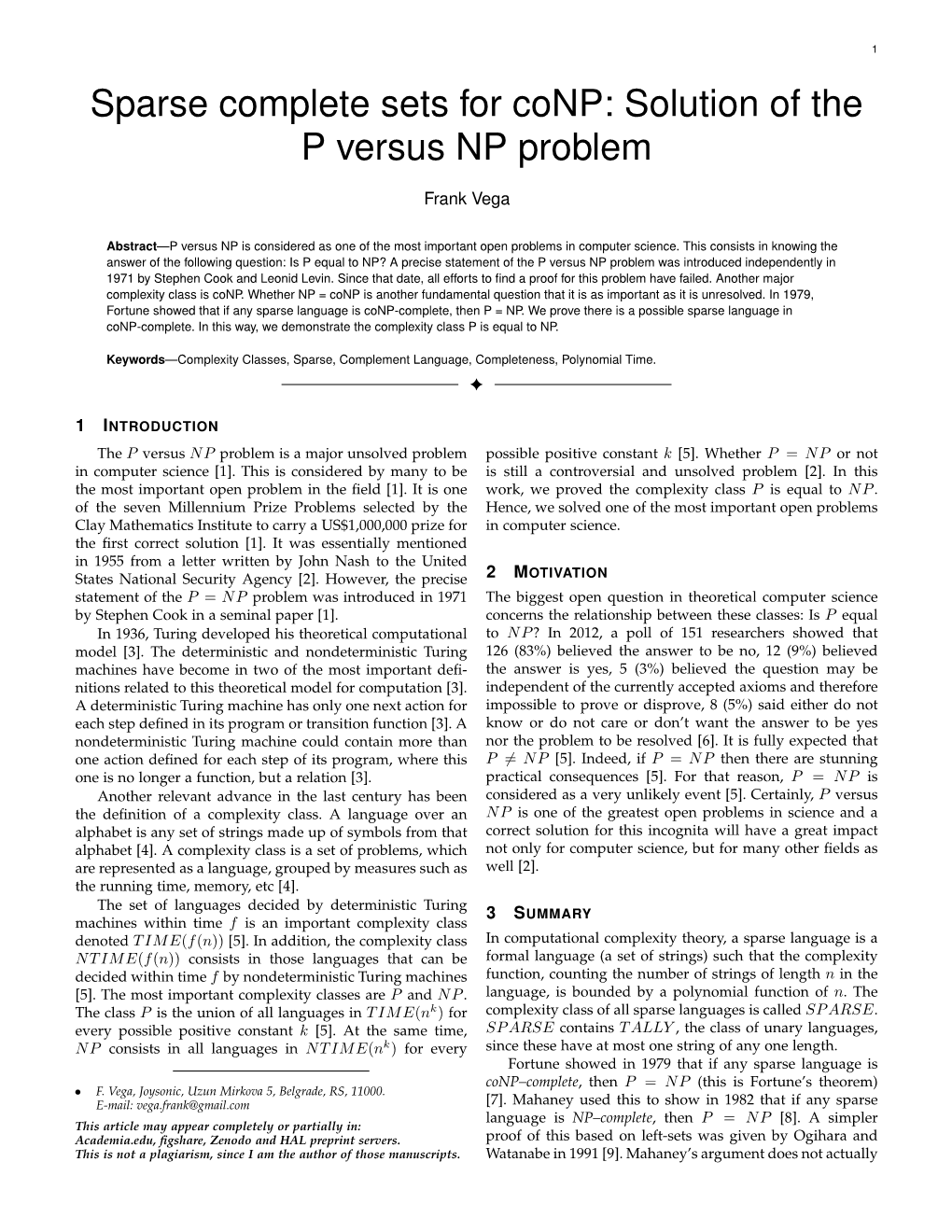 Sparse Complete Sets for Conp: Solution of the P Versus NP Problem