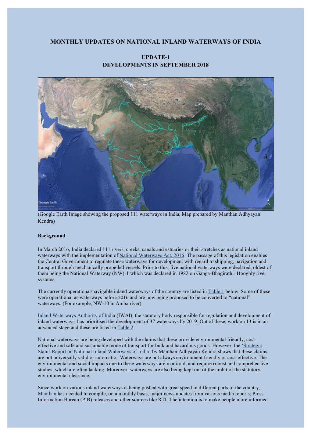 Monthly Updates on National Inland Waterways of India