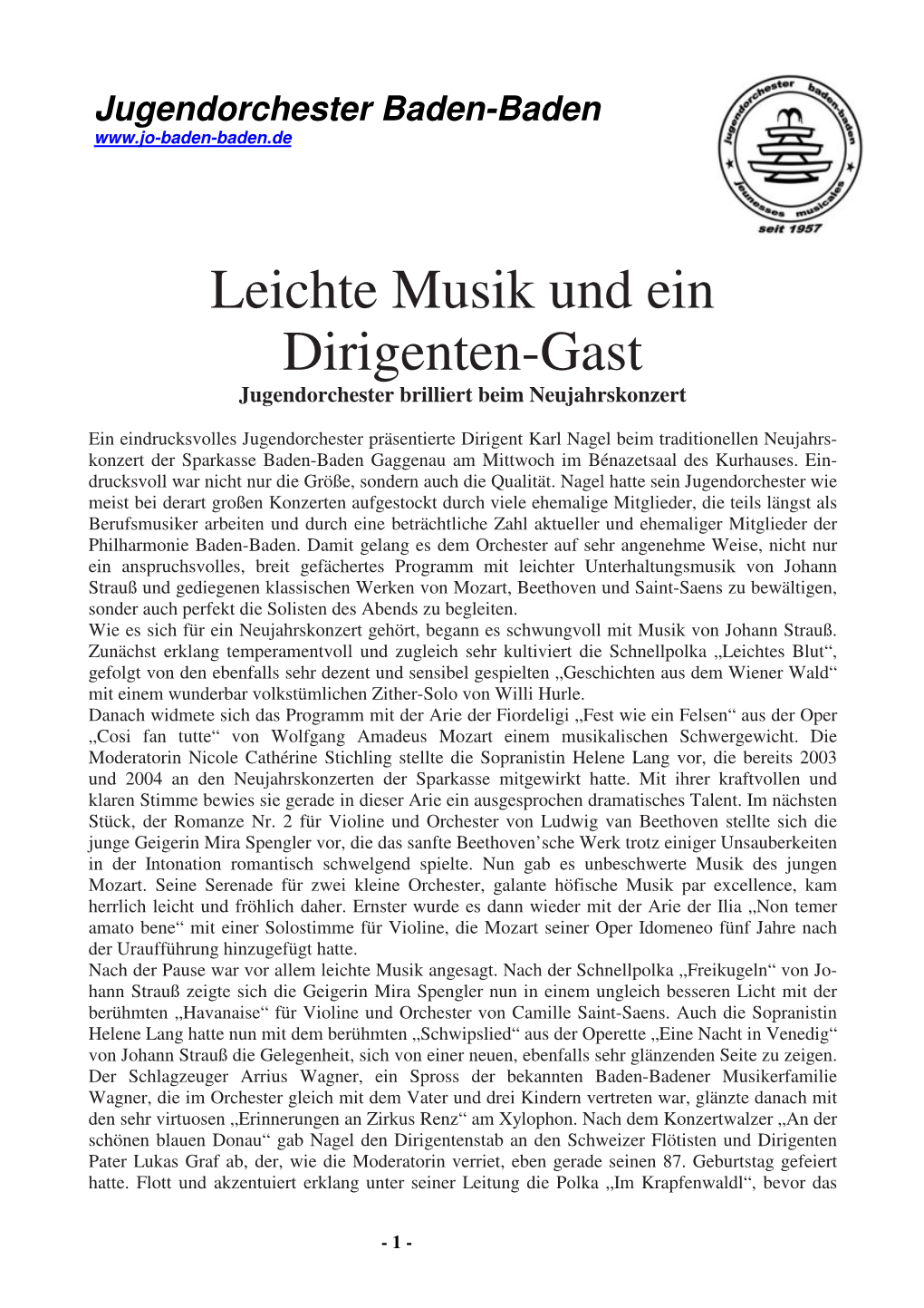 Leichte Musik Und Ein Dirigenten-Gast Jugendorchester Brilliert Beim Neujahrskonzert