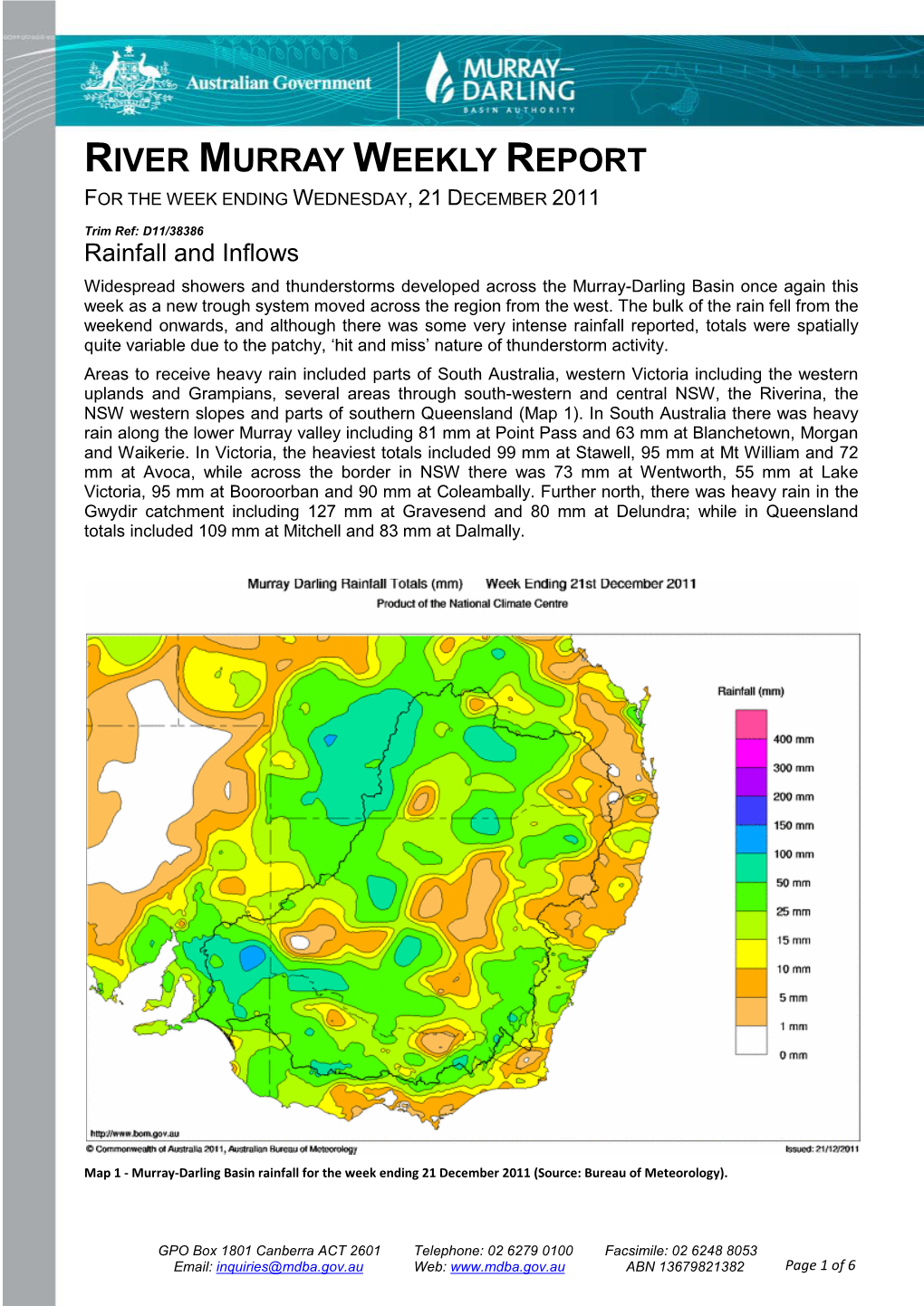 Weekly Report for the Week Ending Wednesday, 21 December 2011