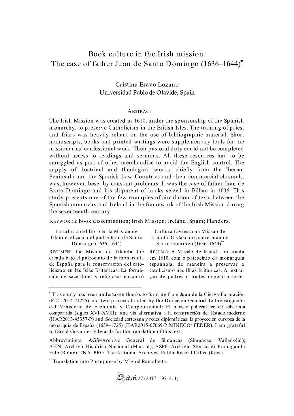 Book Culture in the Irish Mission: the Case of Father Juan De Santo Domingo (1636–1644)