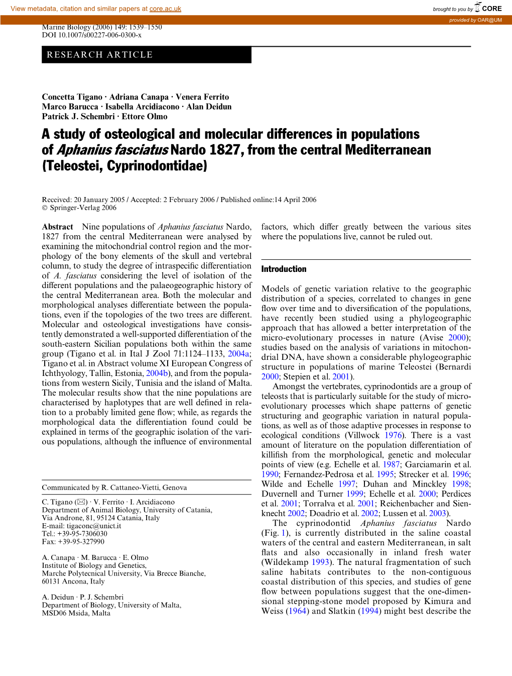 A Study of Osteological and Molecular Differences in Populations of Aphanius Fasciatus Nardo 1827, from the Central Mediterranean (Teleostei, Cyprinodontidae)