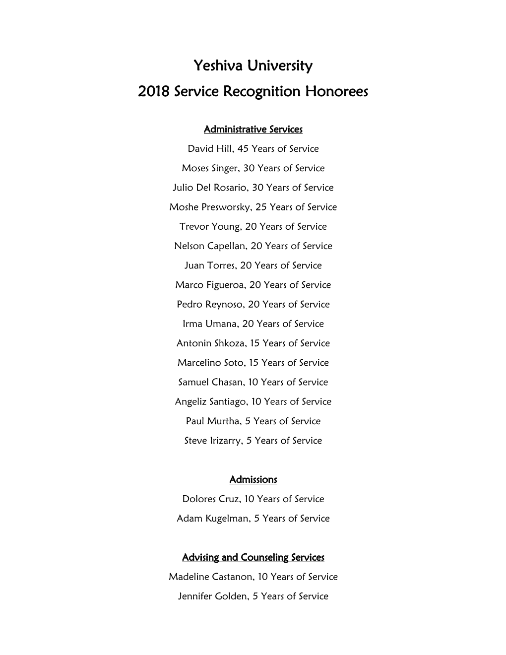 Yeshiva University 2018 Service Recognition Honorees