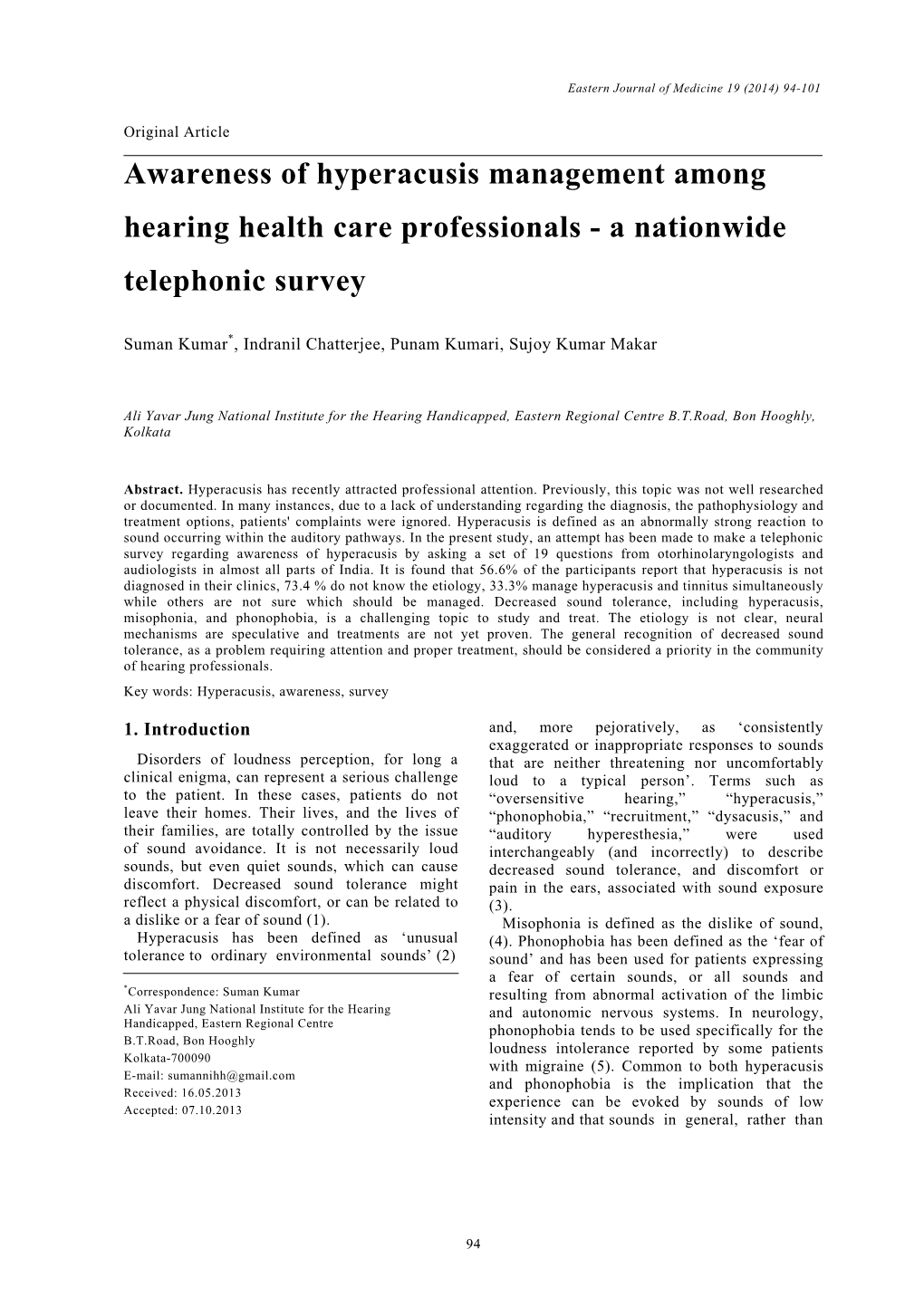 Awareness of Hyperacusis Management Among Hearing Health Care Professionals - a Nationwide Telephonic Survey