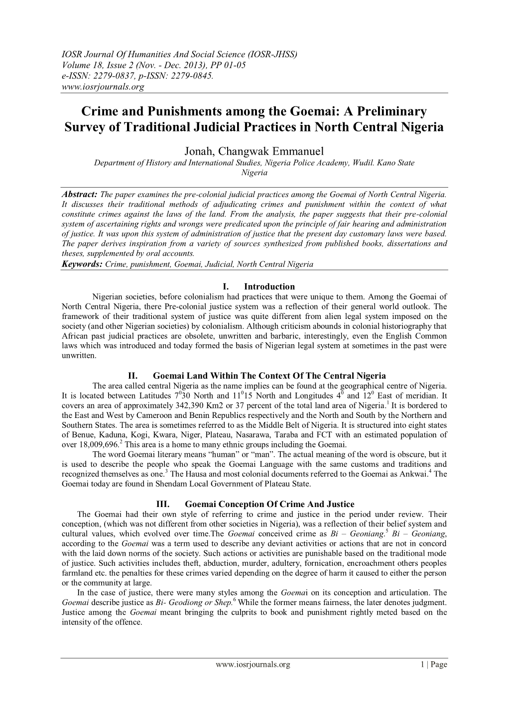 Crime and Punishments Among the Goemai: a Preliminary Survey of Traditional Judicial Practices in North Central Nigeria