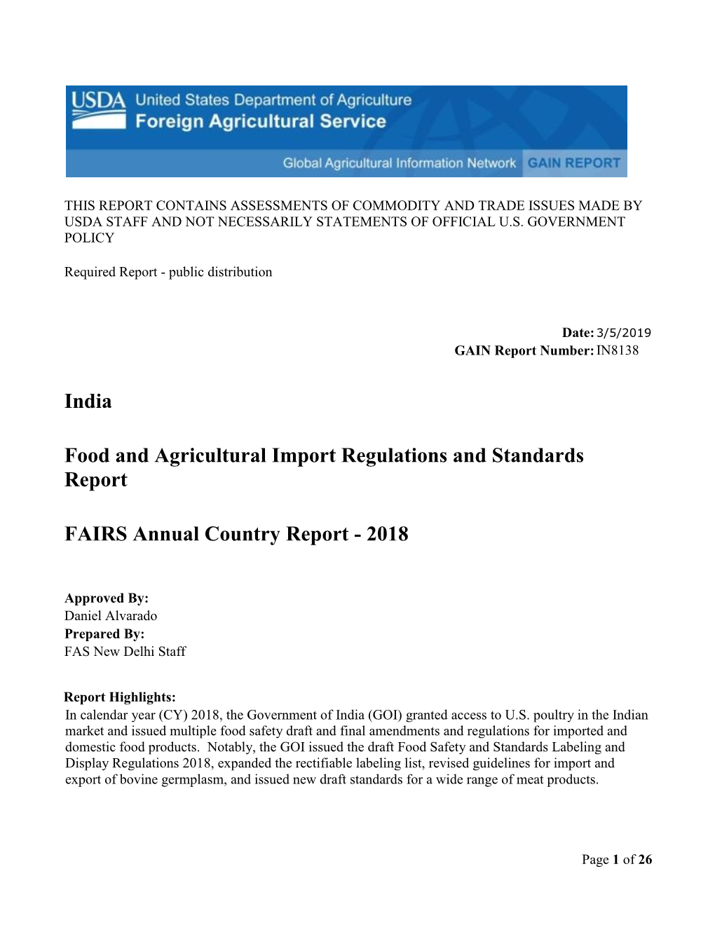 India Food and Agricultural Import Regulations and Standards Report