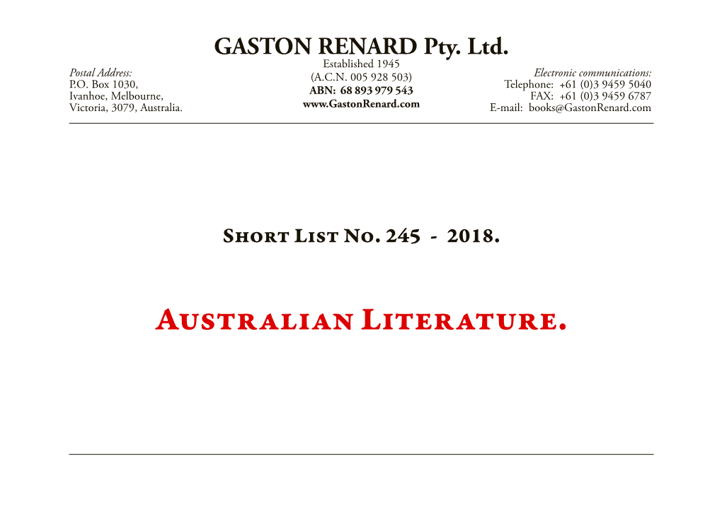 Australian Literature. Gaston Renard Fine and Rare Books Short List Number 245 2018
