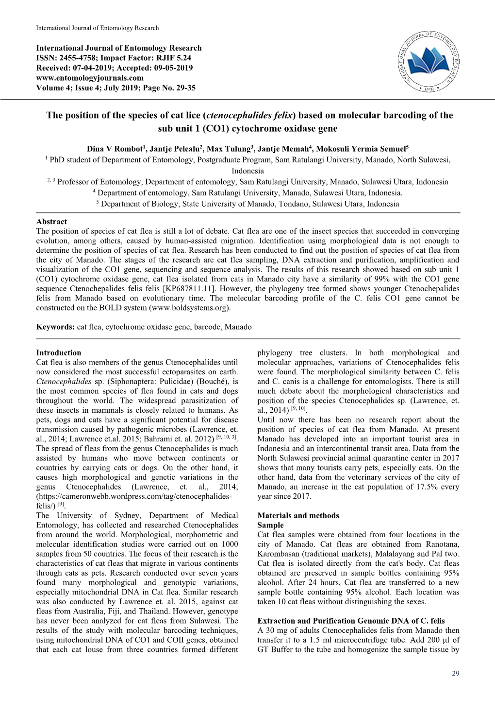 The Position of the Species of Cat Lice (Ctenocephalides Felix) Based on Molecular Barcoding of the Sub Unit 1 (CO1) Cytochrome Oxidase Gene