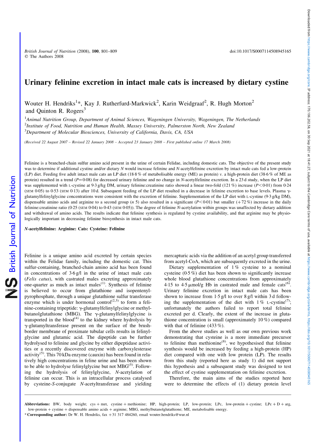 Urinary Felinine Excretion in Intact Male Cats Is Increased by Dietary Cystine