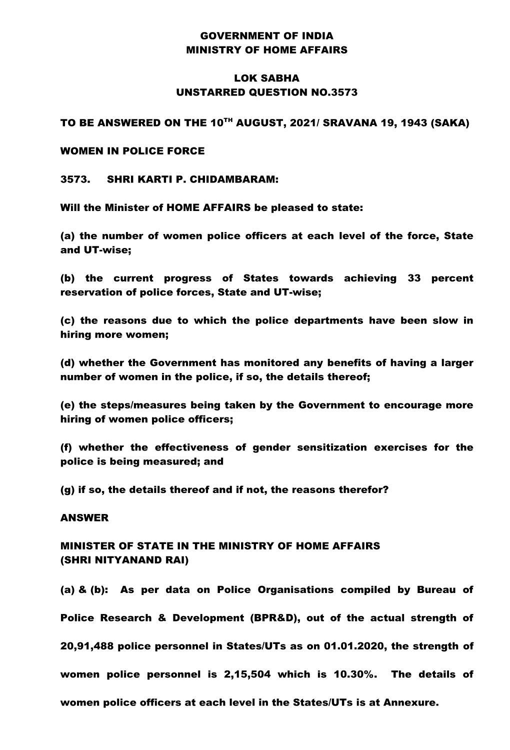 Government of India Ministry of Home Affairs Lok Sabha