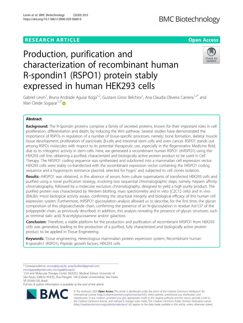 (RSPO1) Protein Stably Expressed in Human