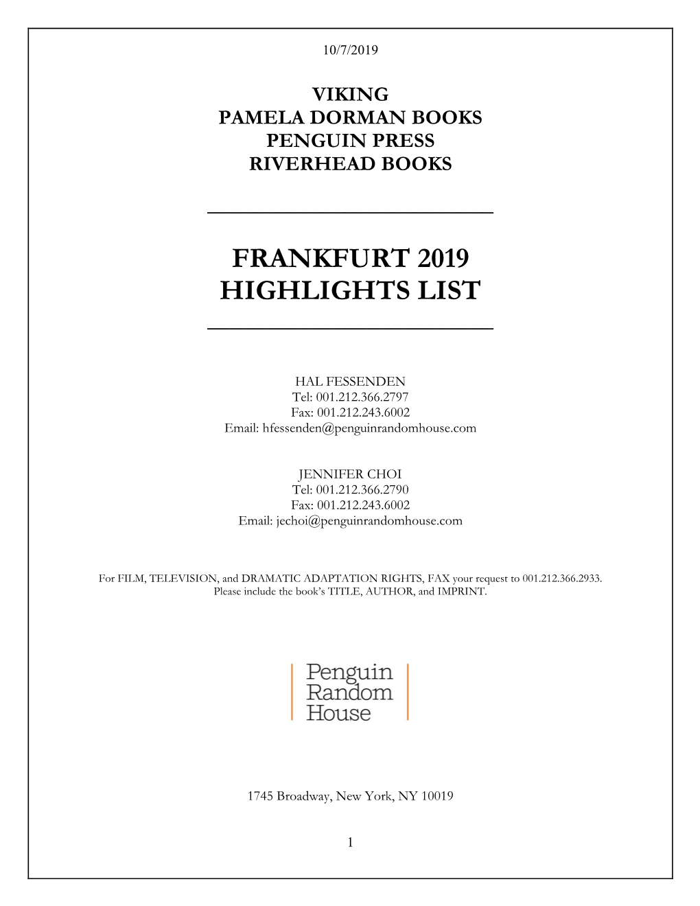 Frankfurt 2019 Highlights List ______