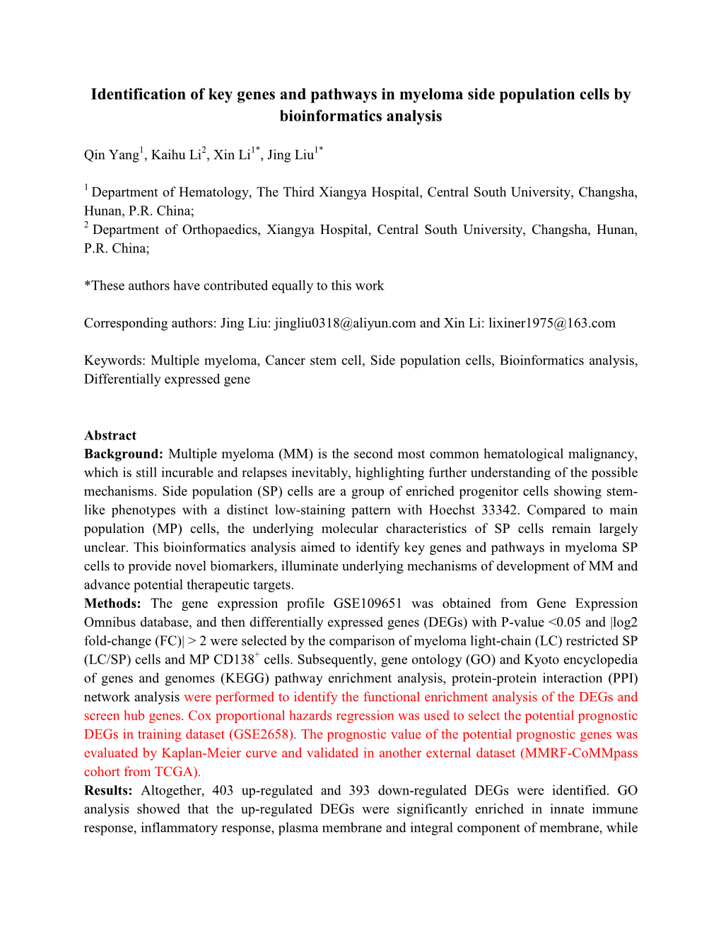 Identification of Key Genes and Pathways in Myeloma Side Population Cells by Bioinformatics Analysis