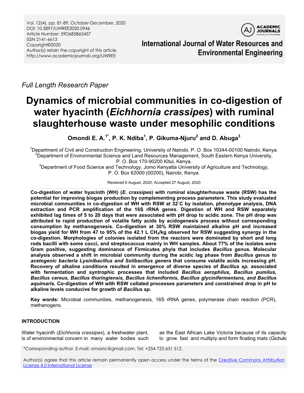 Eichhornia Crassipes) with Ruminal Slaughterhouse Waste Under Mesophilic Conditions