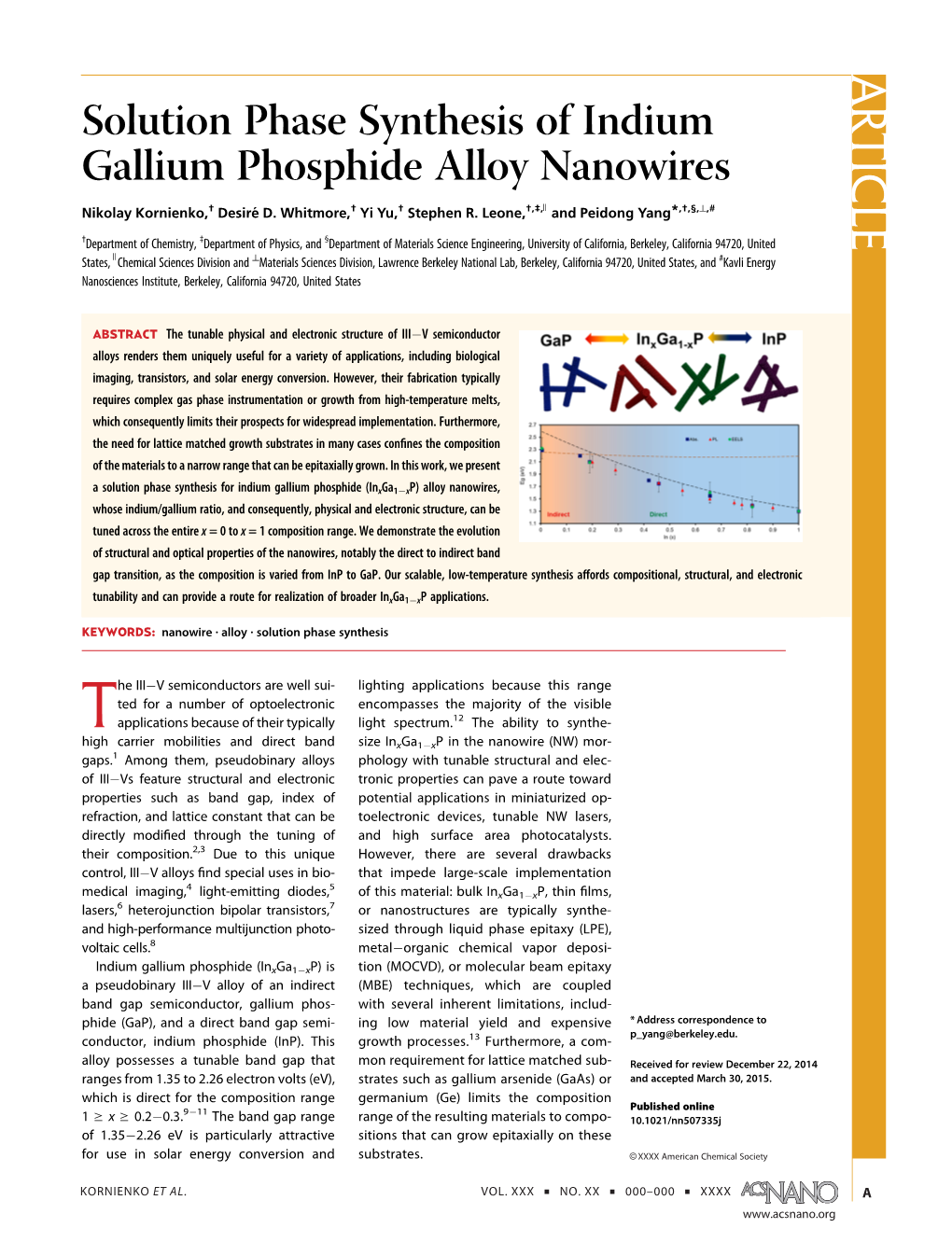 ARTICLE Solution Phase Synthesis of Indium Gallium Phosphide Alloy Nanowires