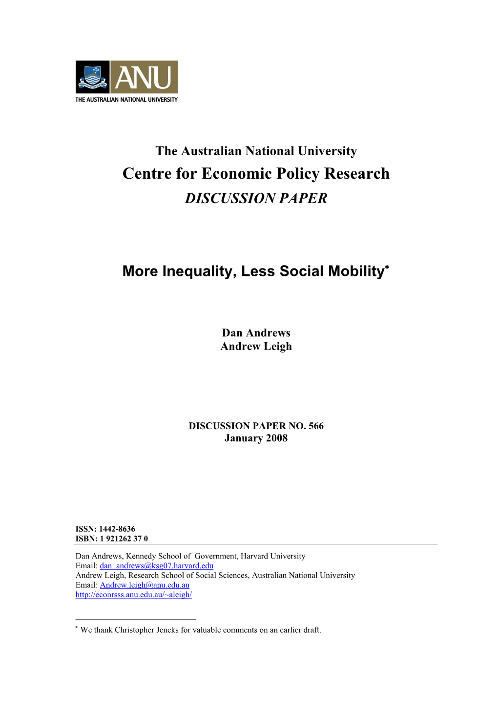 The Australian National University Centre for Economic Policy Research DISCUSSION PAPER