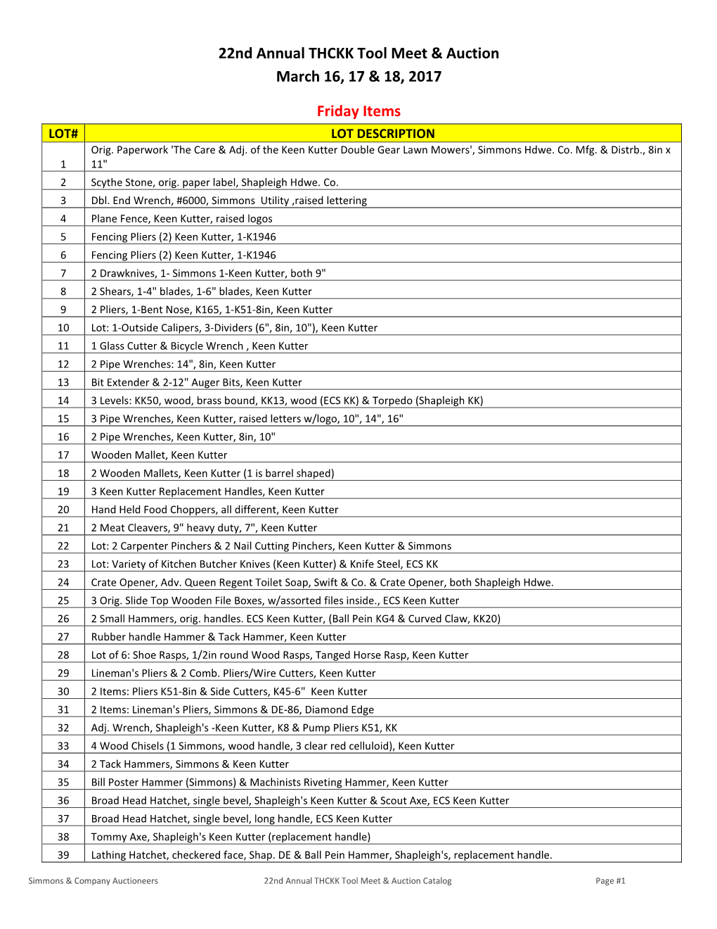 22Nd Annual THCKK Tool Meet & Auction March 16, 17 & 18, 2017