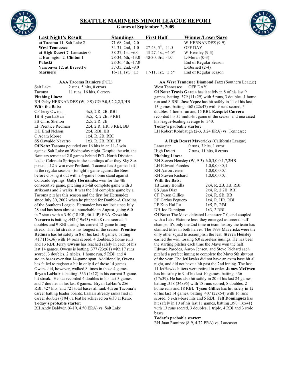 SEATTLE MARINERS MINOR LEAGUE REPORT Games of September 2, 2009