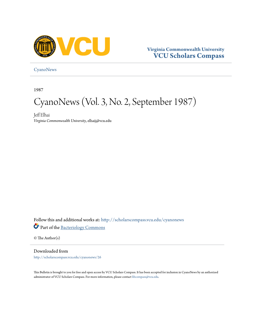 Cyanonews (Vol. 3, No. 2, September 1987) Jeff Le Hai Virginia Commonwealth University, Elhaij@Vcu.Edu