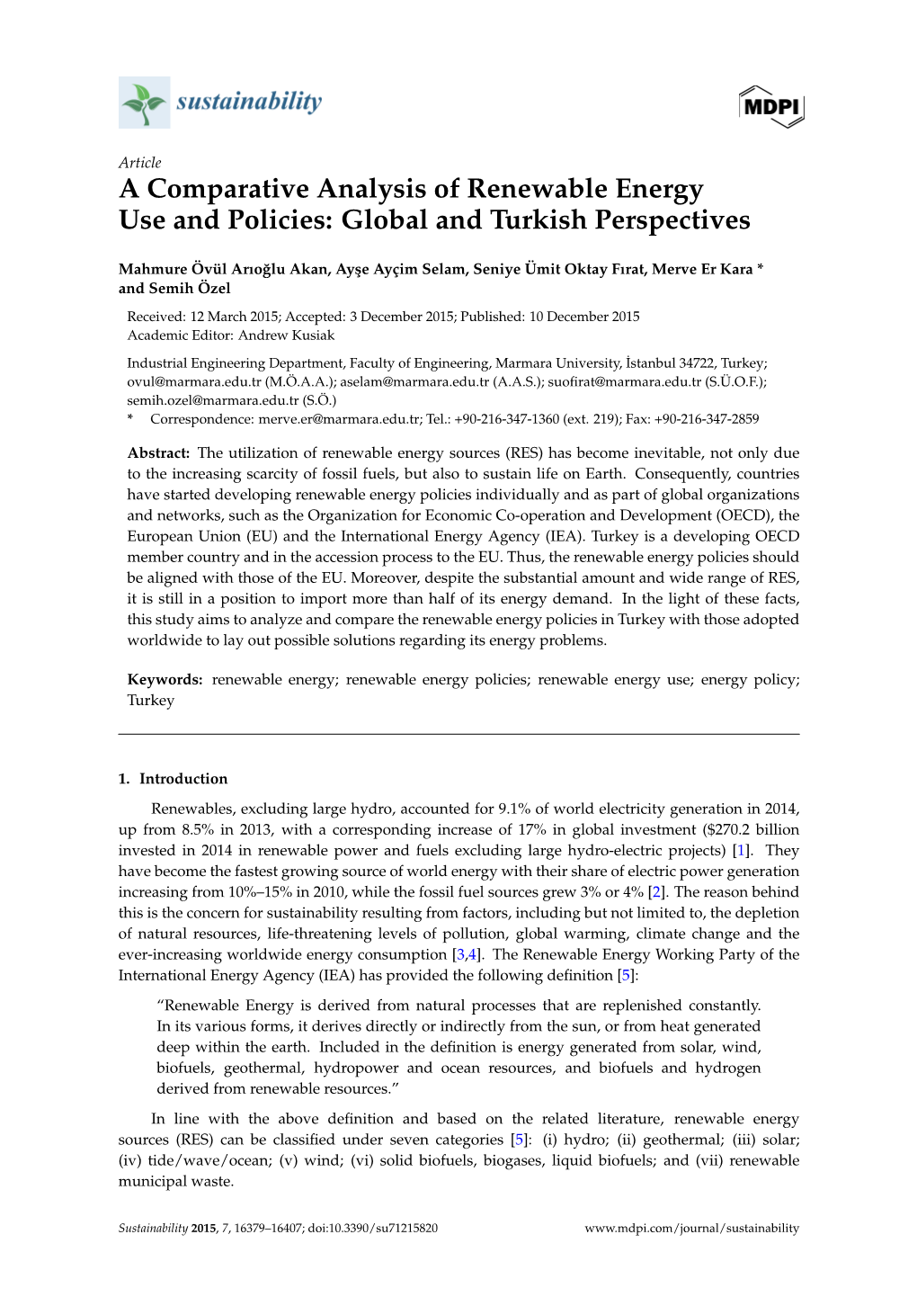 A Comparative Analysis of Renewable Energy Use and Policies: Global and Turkish Perspectives