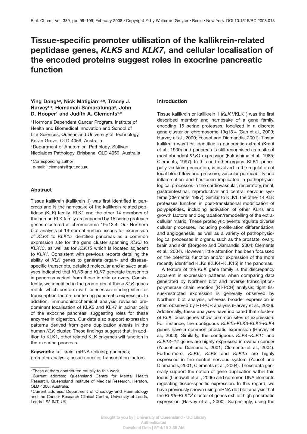 Tissue-Specific Promoter Utilisation of the Kallikrein-Related Peptidase