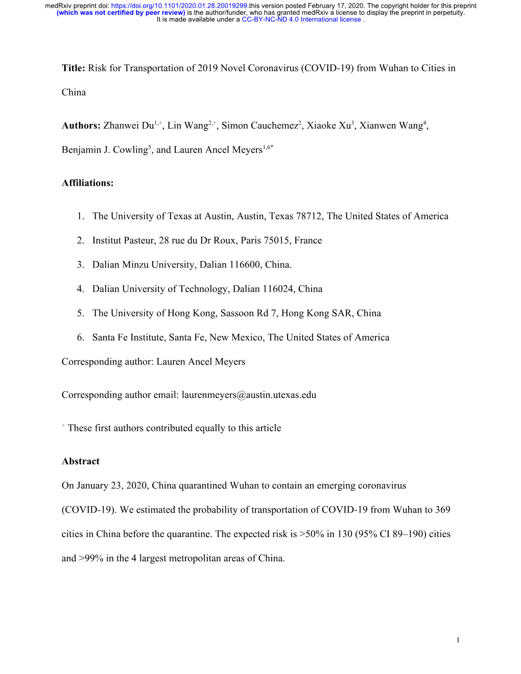 Risk for Transportation of 2019 Novel Coronavirus (COVID-19) from Wuhan to Cities in ​ China