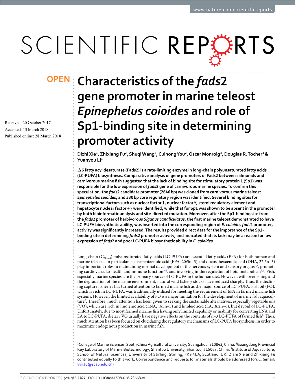 Characteristics of the Fads2 Gene Promoter in Marine Teleost