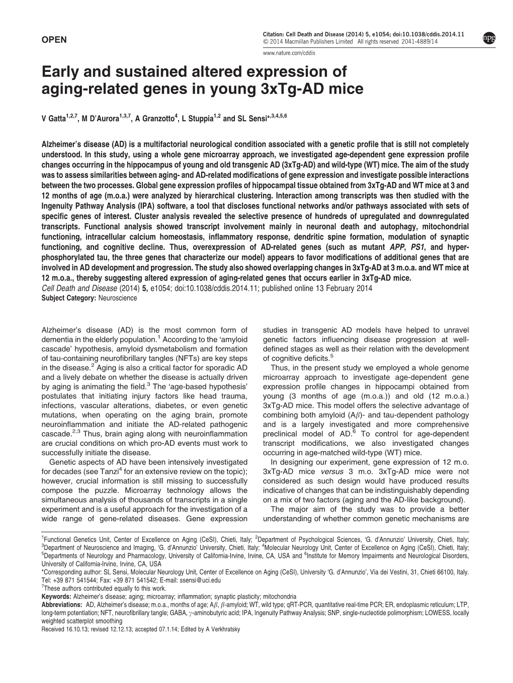 Early and Sustained Altered Expression of Aging-Related Genes in Young 3Xtg-AD Mice