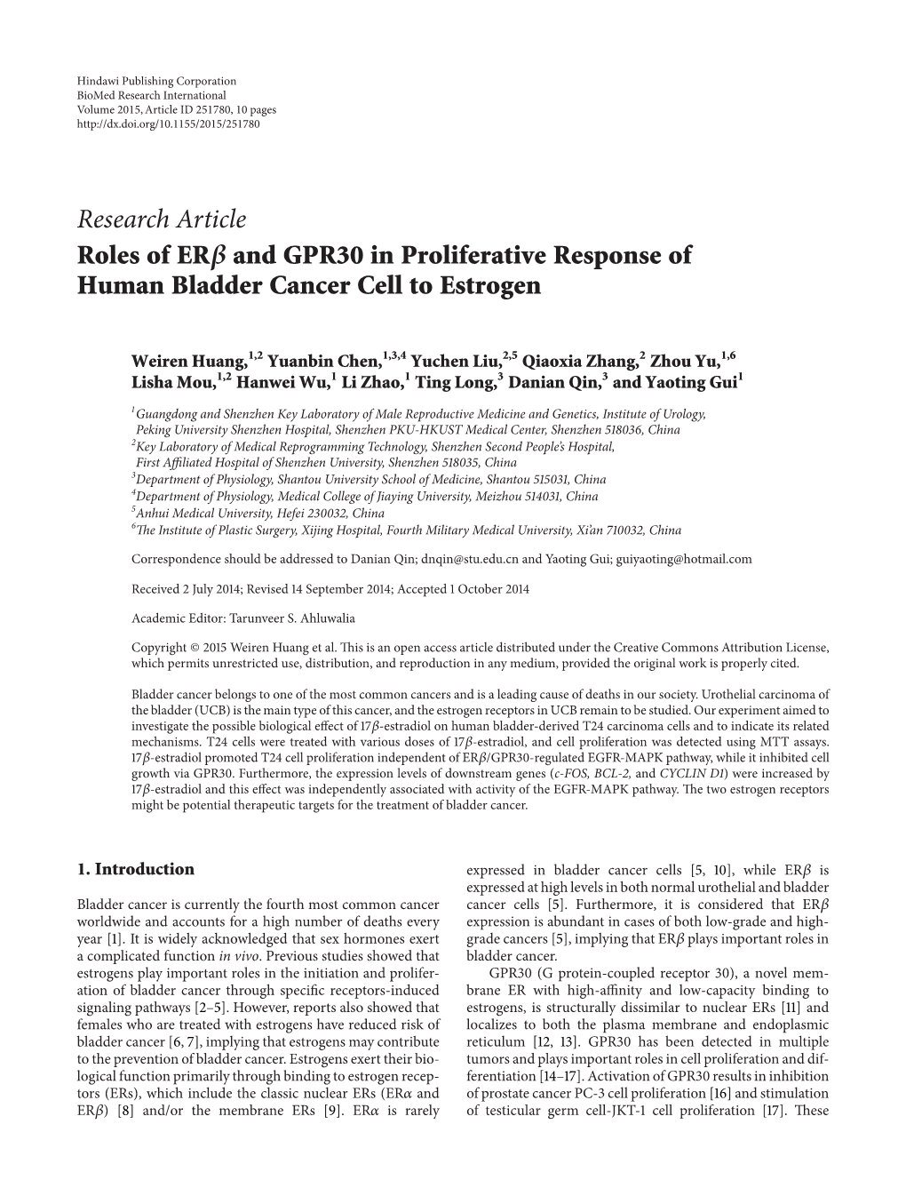 Research Article Roles of ER and GPR30 In