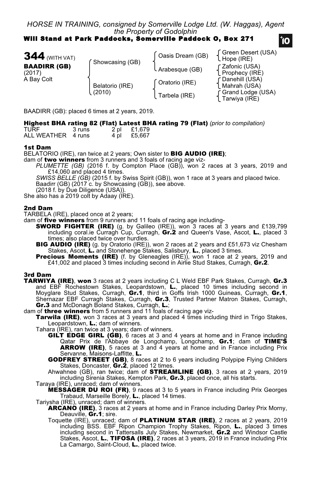 HORSE in TRAINING, Consigned by Somerville Lodge Ltd. (W. Haggas), Agent the Property of Godolphin Will Stand at Park Paddocks, Somerville Paddock O, Box 271