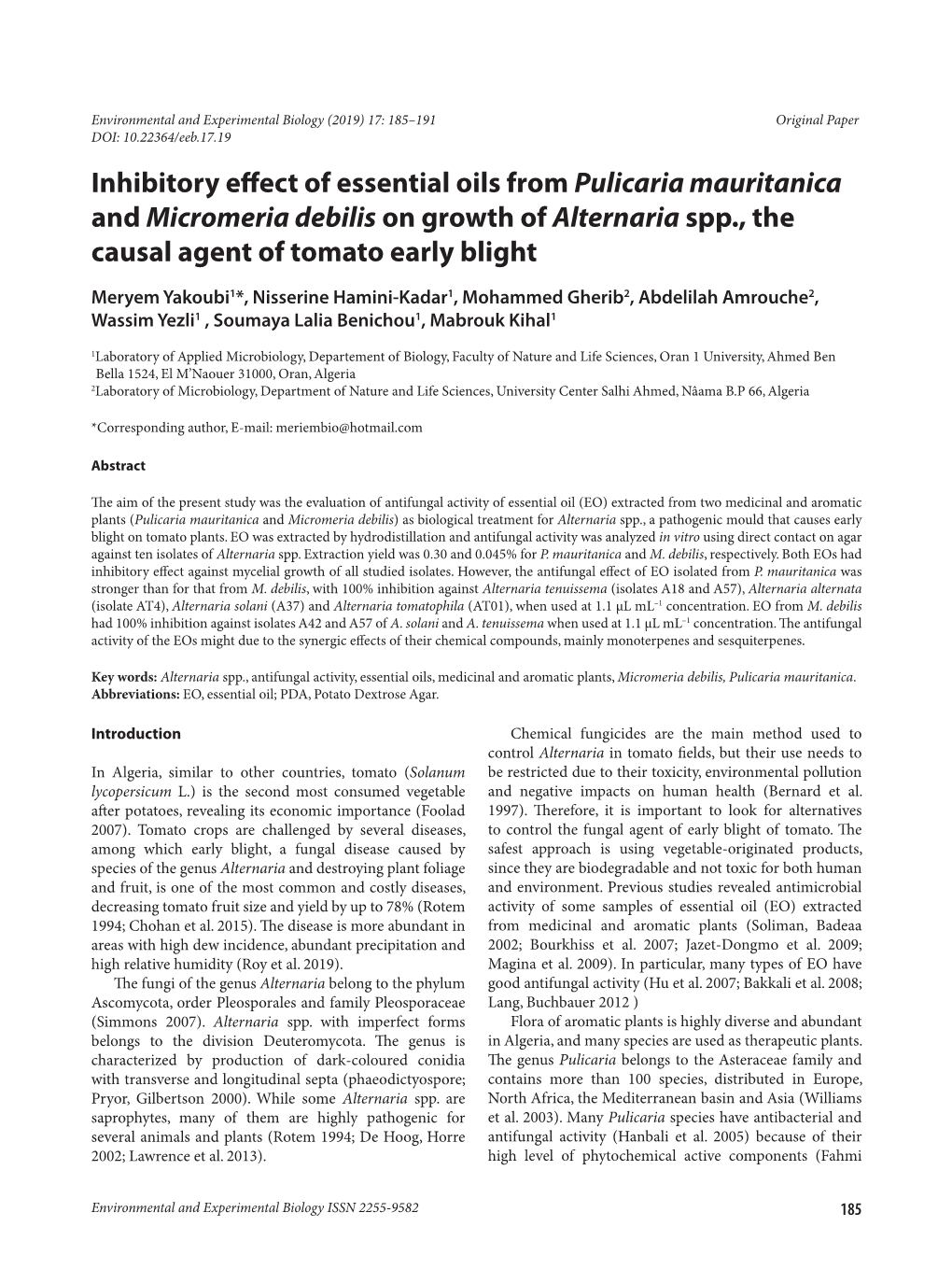 Inhibitory Effect of Essential Oils from Pulicaria Mauritanica And