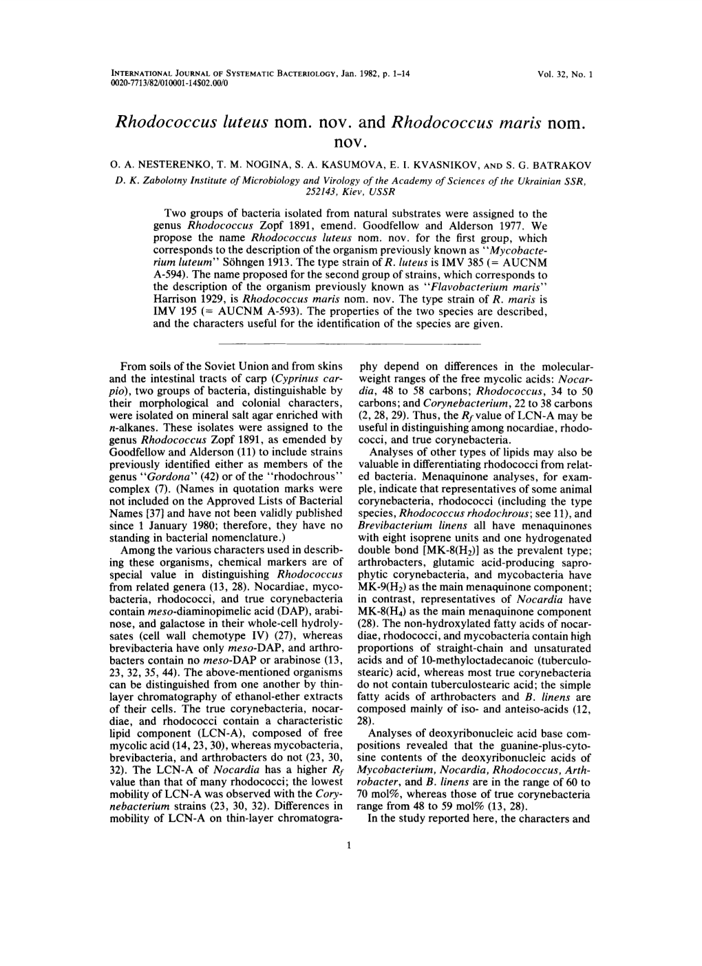 Rhodococcus Luteus Nom. Nov. and Rhodococcus Maris Nom. Nov. 0