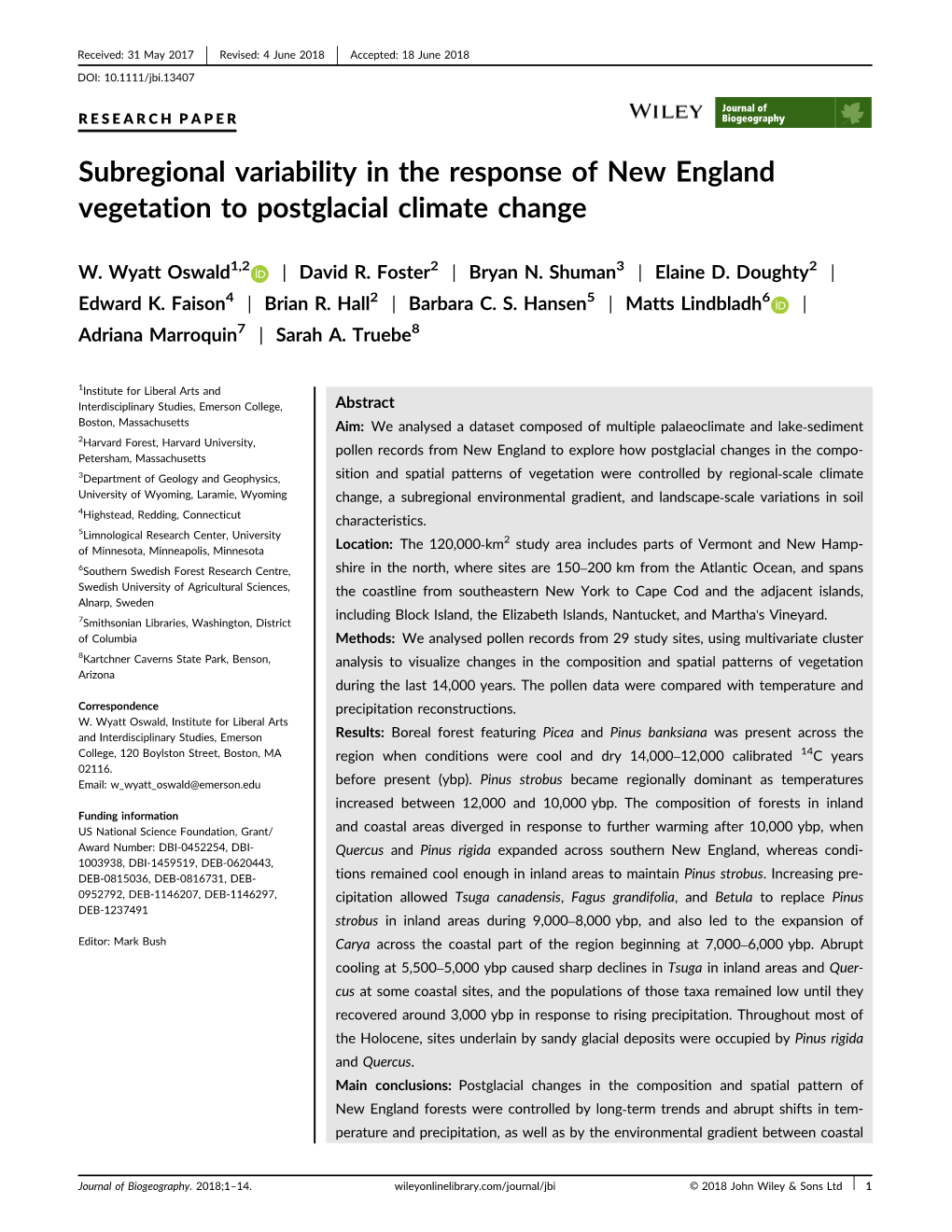 Subregional Variability in the Response of New England Vegetation to Postglacial Climate Change