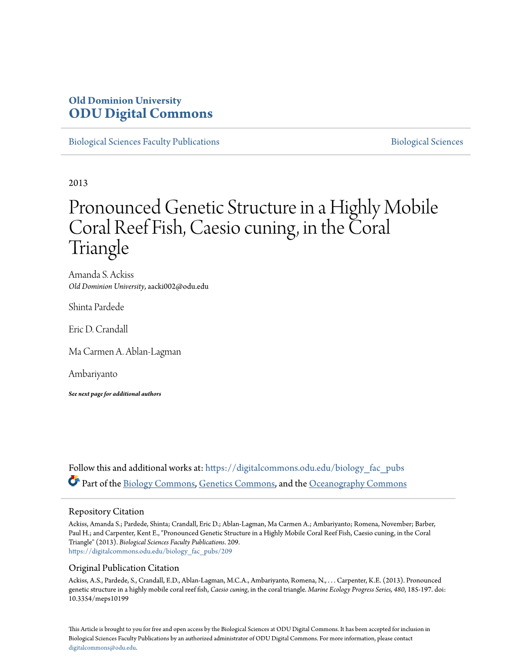Pronounced Genetic Structure in a Highly Mobile Coral Reef Fish, Caesio Cuning, in the Coral Triangle Amanda S