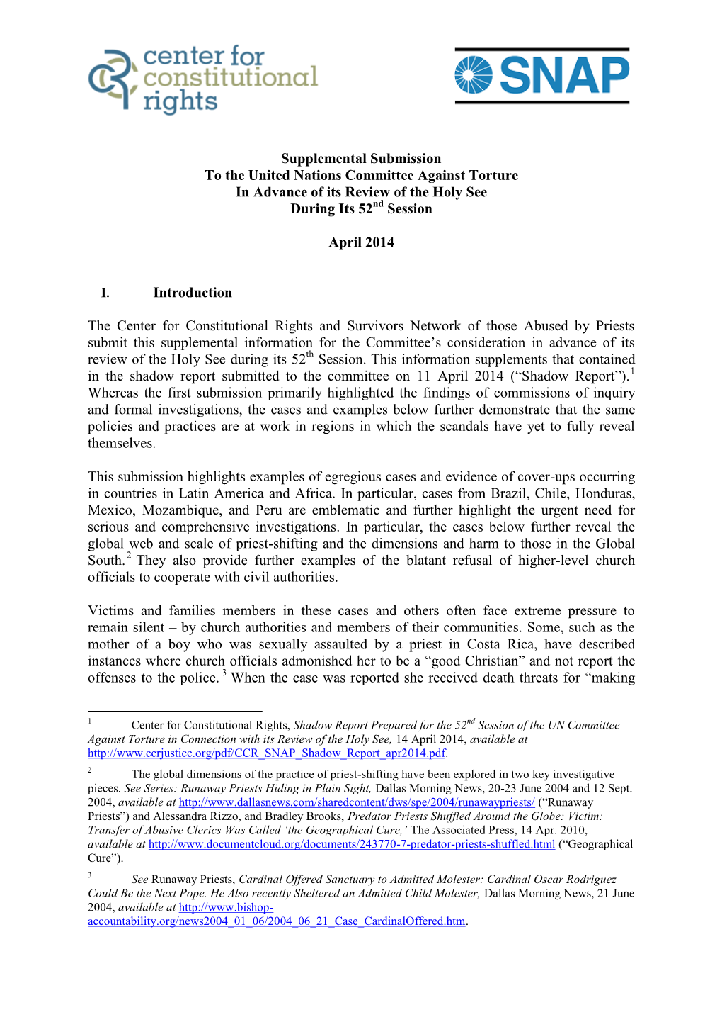 Supplemental Submission to the United Nations Committee Against Torture in Advance of Its Review of the Holy See During Its 52Nd Session