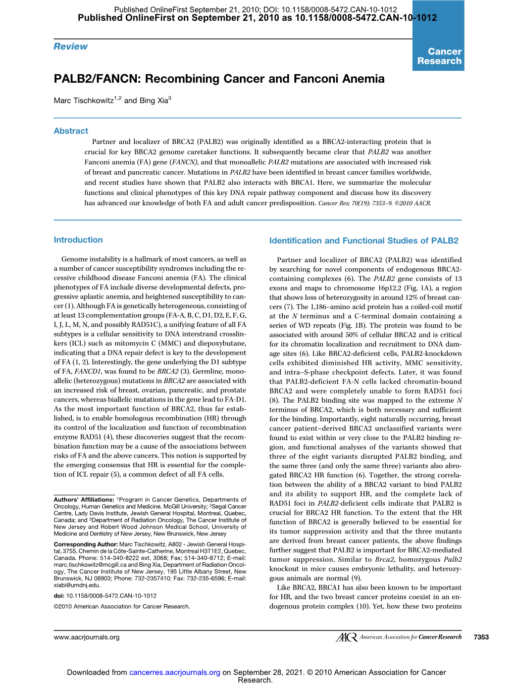 PALB2/FANCN: Recombining Cancer and Fanconi Anemia