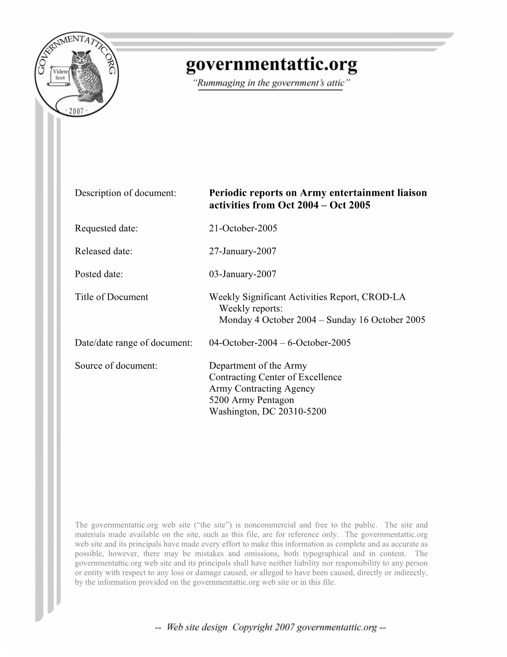 Periodic Reports on Army Entertainment Liaison Activities from Oct 2004 – Oct 2005