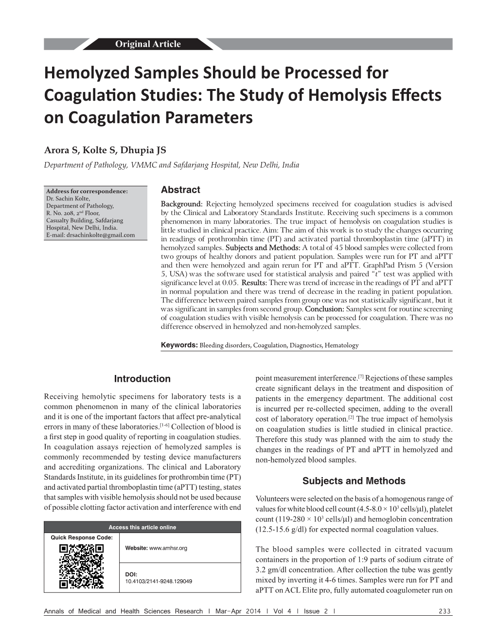 The Study of Hemolysis Effects on Coagulation Parameters