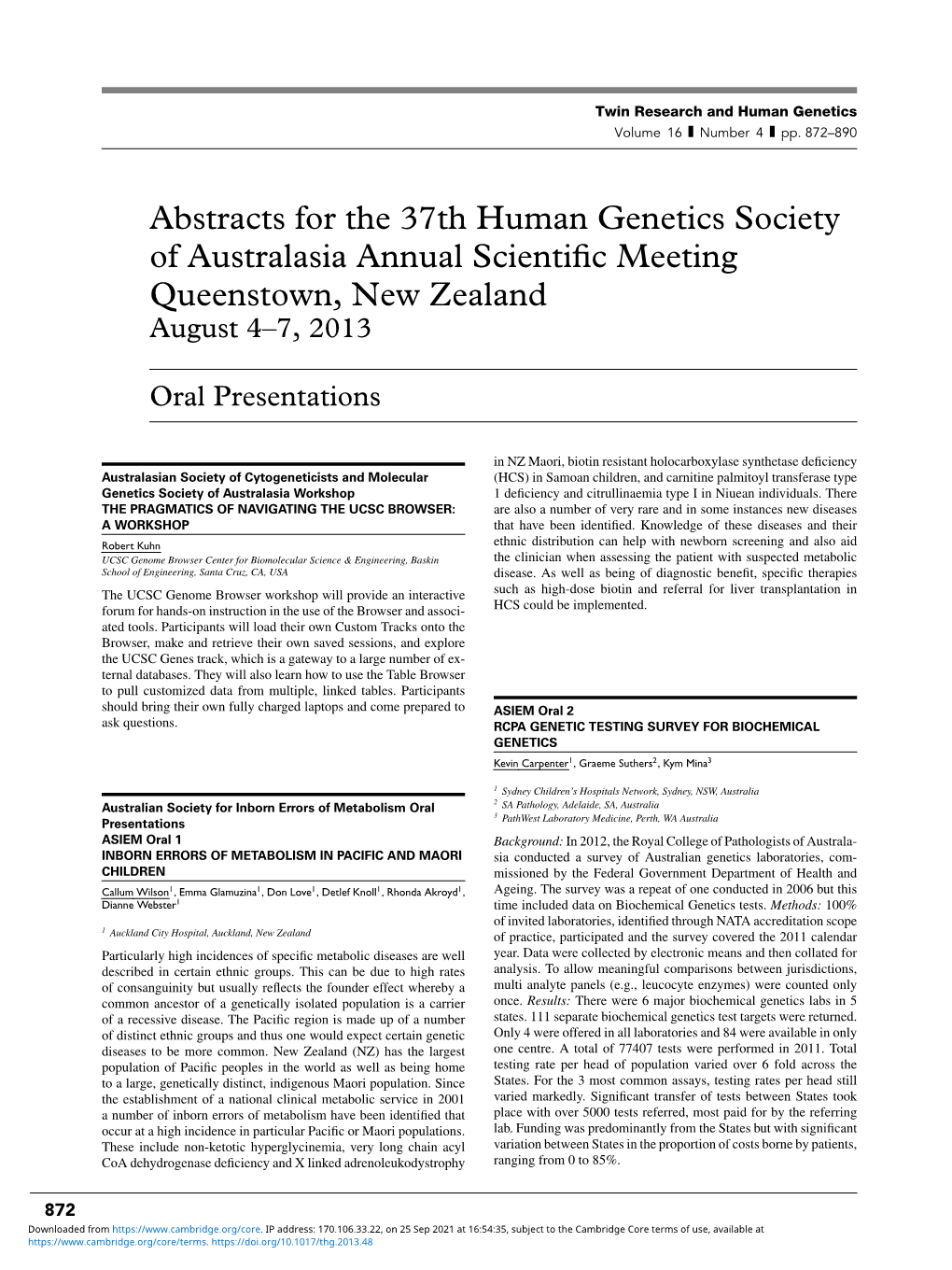 Abstracts for the 37Th Human Genetics Society of Australasia Annual Scientiﬁc Meeting Queenstown, New Zealand August 4–7, 2013