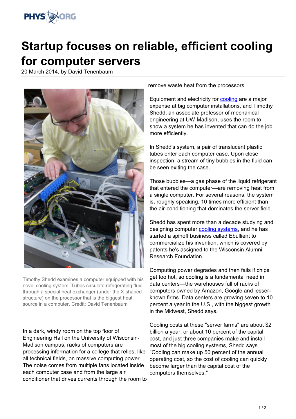 Startup Focuses on Reliable, Efficient Cooling for Computer Servers 20 March 2014, by David Tenenbaum