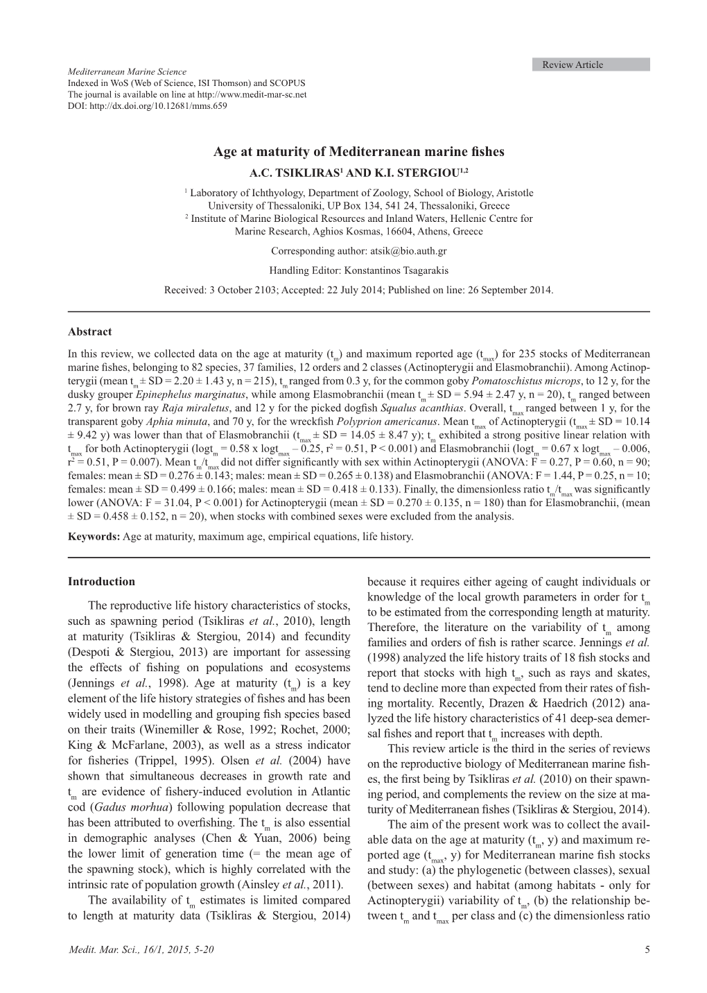 Age at Maturity of Mediterranean Marine Fishes A.C