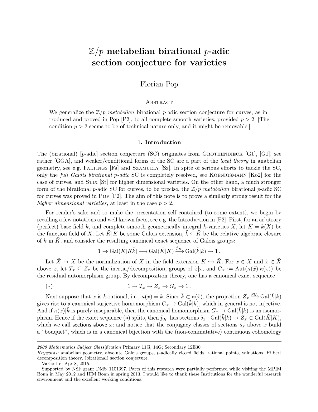 Z/P Metabelian Birational P-Adic Section Conjecture for Varieties