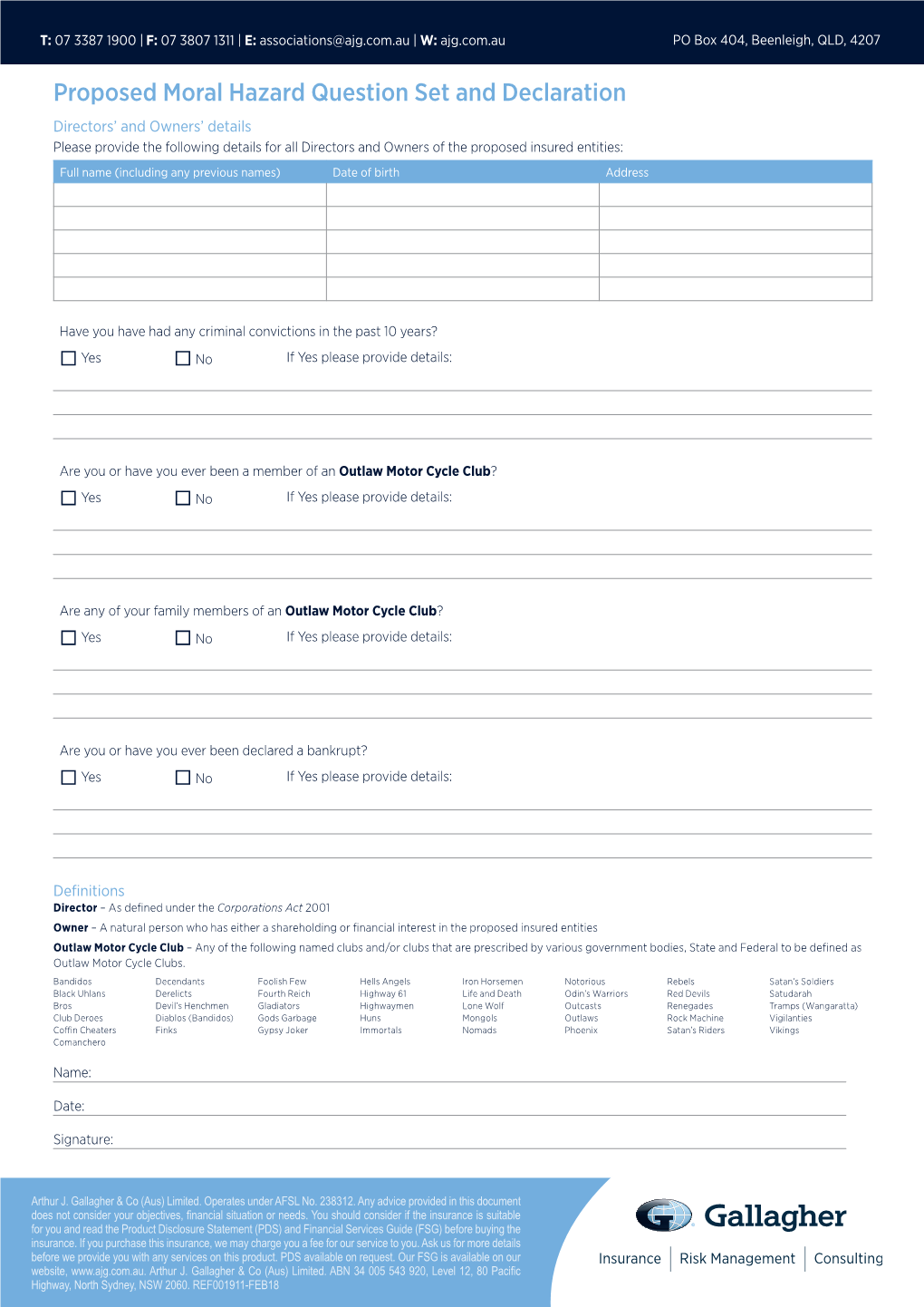 Proposed Moral Hazard Question Set and Declaration