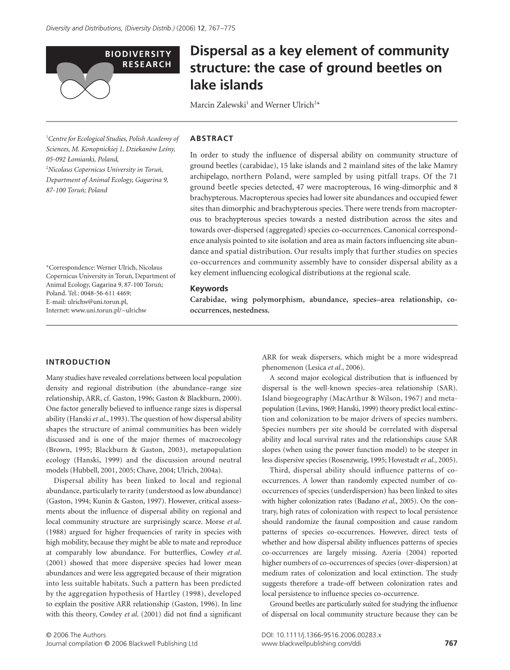 The Case of Ground Beetles on Lake Islands Marcin Zalewski1 and Werner Ulrich2*